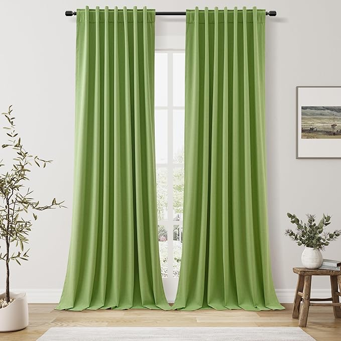 Guken Lime Green 100% Blackout Linen Curtains 108 Inch Length 2 Panels Set for Living Room Bedroom Back Tab/Rod Pocket Thermal Insulated Farmhouse Black Out Drapes Room Darkening,52x108