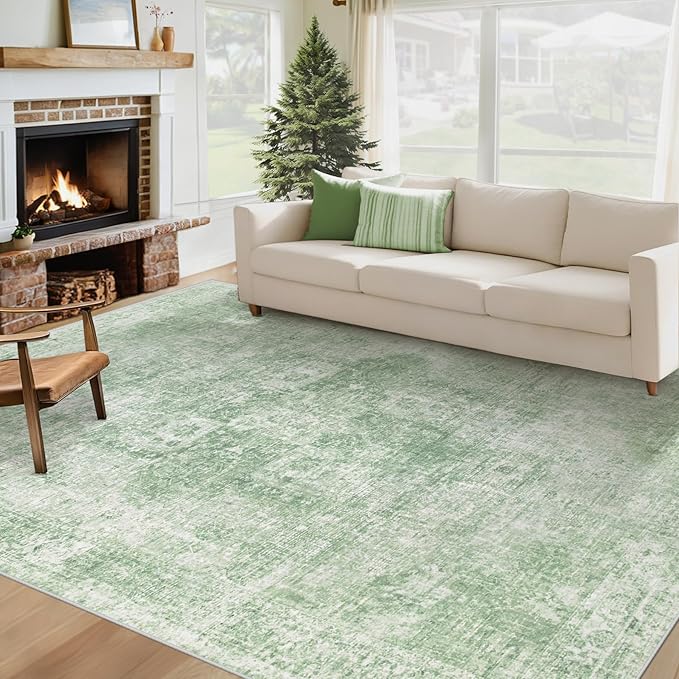 Area Rug 6x9 Washable Rug, Vintage Boho Medallion Rugs Non-Slip Soft Low Pile Large Distressed Rug Indoor Retro Carpet for Living Room Bedroom Dining Room Home Office (SageGreen, 6'x9')