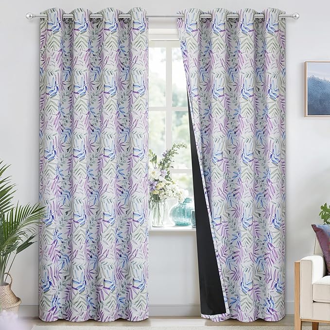 SimpleHome 100% Blackout Curtains for Bedroom, Floral Curtains 84 inches Long Purple Green Blue Drapes Grommet 2 Panels Set Leaf Patterns