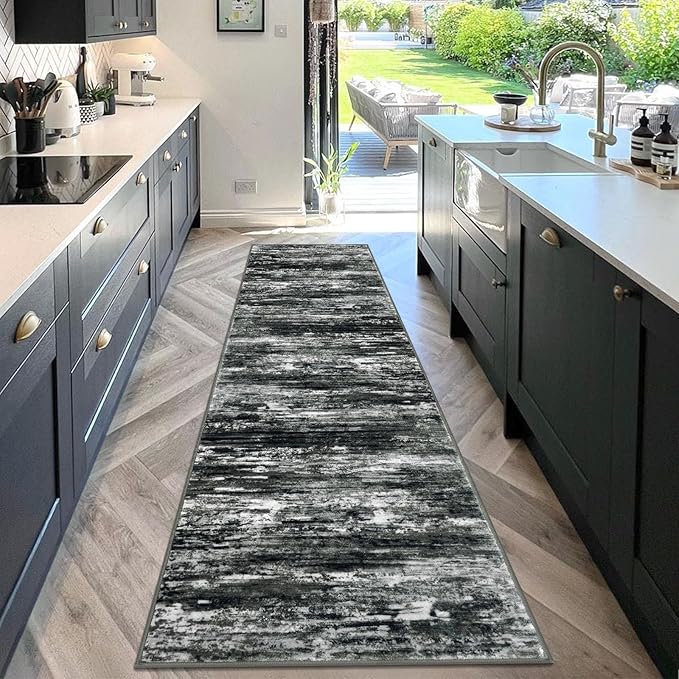 KOZYFLY Modern Abstract Washable Rug Runner 2.6x10 Hallway Rug Runner Non-Slip Soft Kitchen Runner Rugs, Black Grey Striped Carpet for Entryway Bathroom Laundry Room Foyer