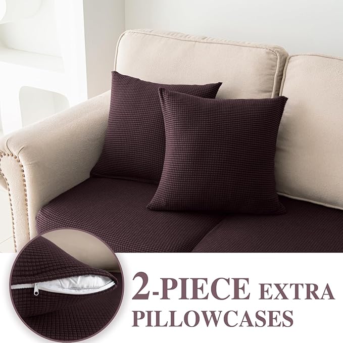Couch Cushion Covers for Sectional Sofa L Shape Washable Separate Seat Chaise Couch Cover Stretch Sofa Slipcovers with 2 Pcs Pillowcases(3 Seater + 1 Chaise, Brown)