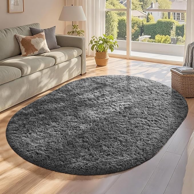 Ophanie 4x6 Oval Grey Rugs for Bedroom Living Room, Fluffy Fuzzy Furry Carpet, Plush Soft Shaggy Bedside Indoor Floor Area Rug for Kids Girls Boys Baby Teen Dorm Nursery Home Decor Aesthetic