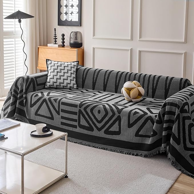 HANDONTIME Boho Geometric Couch Covers for Sofa Pet Friendly Dark Grey and Black Sofa Covers Washable Chenille Couch Blanket Cover for 3 Cushion Couches Pet Protector Furniture Cover Soft, 71" X 134"