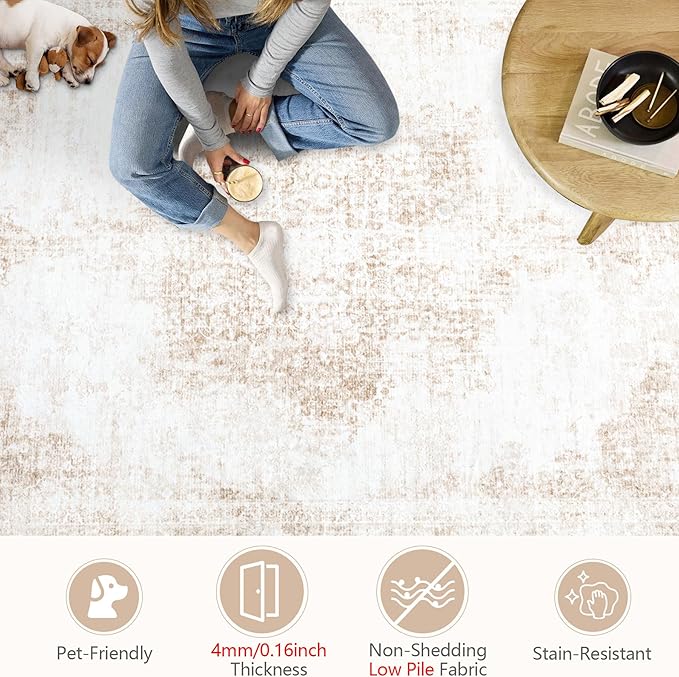 Area Rugs 8x10 Vintage Rug: Large Washable Living Room Rug Retro Medallion Distressed Rugs Soft Low Pile Non-Slip Indoor Floor Carpet for Bedroom Kitchen Nursery Dining Table Office (Beige, 8'x10')