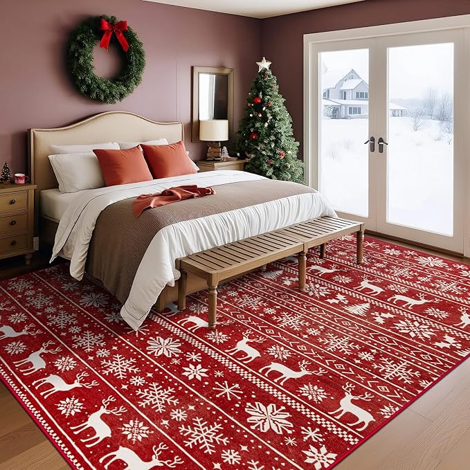 Christmas Rug 8x10 Washable Rugs, Boho Christmas Tree Snowflake Rug Non-Slip Soft Low Pile Non Shedding Indoor Holiday Carpet for Living Room Bedroom Dining Room Home Office (XmasRed, 8'x10')