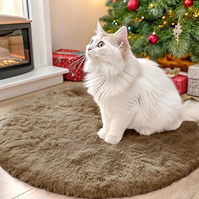 OLANLY Taupe Round Rugs for Bedroom - Machine Washable, 2 ft Circle Area Rugs for Living Room, Soft and Fluffy Shaggy Carpet for Teen Girl and Boys, Nursery Rooms, Dorms, Home Decor Aesthetic