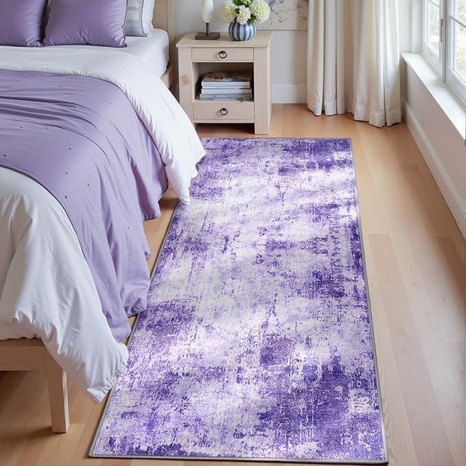 Washable Area Rugs 2'x8' Non-Slip Modern Abstract Soft for Living Room Entryway Bedroom Nursery, Print Pattern, Purple Gray Pink White