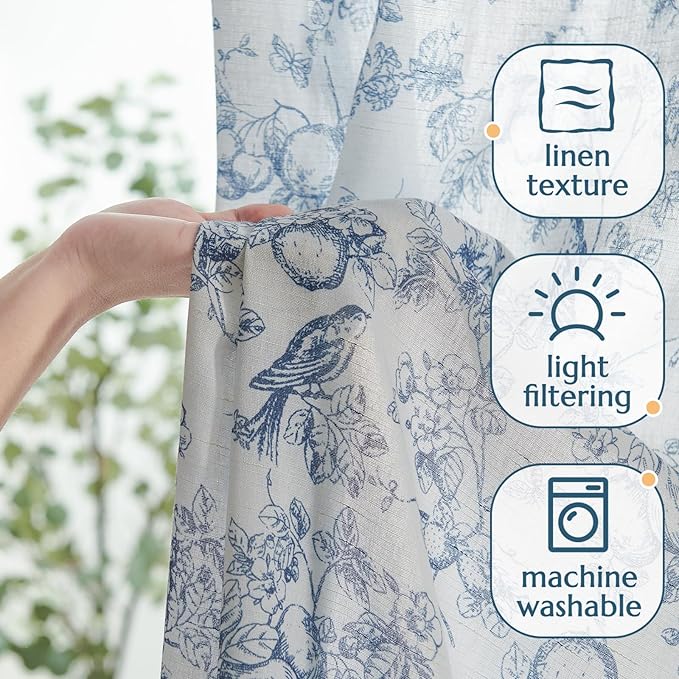jinchan Linen Floral Curtains for Living Room 84 Inch Length Blue Printed Flower French Country Curtain Farmhouse Cottage Core Toile Curtains Back Tab Light Filtering Window Drapes Set 2 Panels