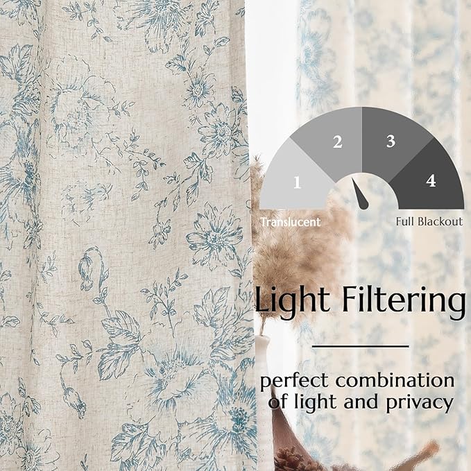 jinchan Lined Linen Blend Curtain Floral Curtains for Living Room 108 Inches Long Blue Peony Flower Printed Curtain Rod Pocket Back Tab Farmhouse Patterned Drapes Bedroom Window Curtains Set 2 Panels