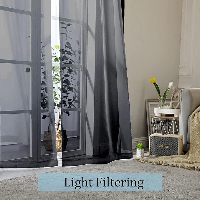 OWENIE Black Sheer Curtains 96 Inch Length, Elegant Sheer Curtains for Bedroom, Window Voile Sheer Curtain Panels/Drapes/Treatment for Living Room, 2Pcs, Each 42" W x 96" L, Black