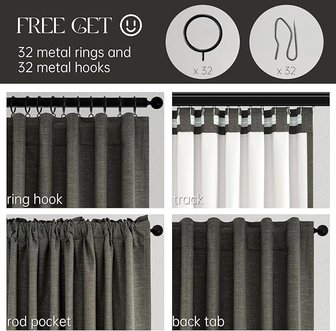 Topfinel 105 Inch Long Linen Blackout Curtains for Bedroom 2 Panels Set Modern Natural Linen Back Tab Pleated Floor to Ceiling Thermal Drapes Hooks Rings 105 in Window Drapes 100% Black Out Dark Gray