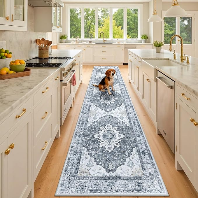 Area Rugs 3'x10' Runner Rug Non Slip Washable for Kitchen Hallway Bedroom Beside Laundry Room Bathroom Rug, Floor Carpet, Light Gray Grey White