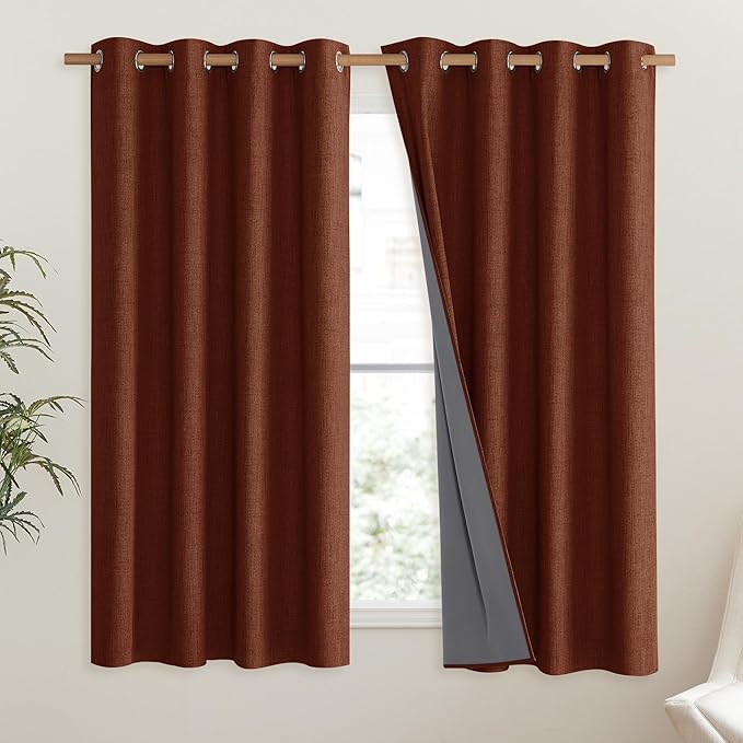 NICETOWN 100% Absolutely Blackout Linen Curtains with Thermal Insulated Liner, 52" Wide, 2 Panels, 45" Long Drapes, Grommet Retro Burnt Orange Linen Curtains Vertical Drapes Privacy for Bedroom