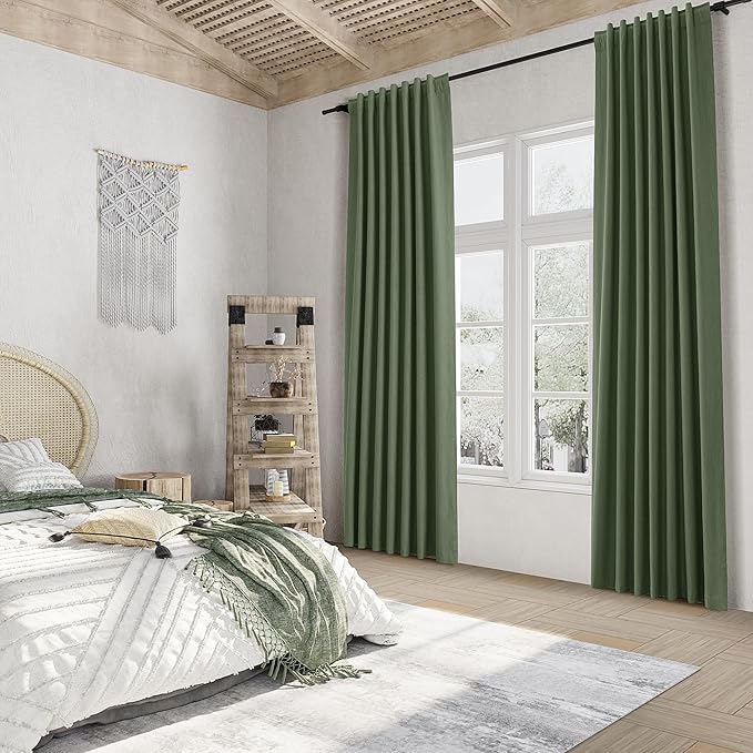 Guken Olive Green 100% Blackout Curtains 90 Inch Length 2 Panels Set for Living Room Bedroom Back Tab Thermal Insulated Black Out Linen Drapes Room Darkening Window Curtains 90 Inches Long