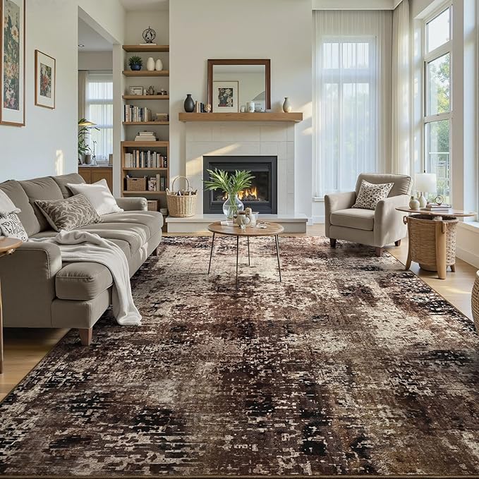 Ompaa Living Room Rug 6x9 Brown Area Rug Machine Washable Boho Coffee Rug Non Slip Abstract Vintage Indoor Large Rugs for Bedroom, Classroom, College Dorm, Farmhouse, Dining Room, Kids Playroom