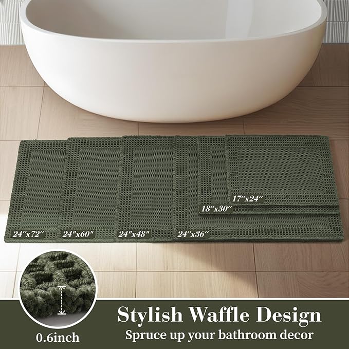 RESARE Waffle Bathroom Runner Rugs, Super Absorbent Bath Mat Non Slip Washable Quick Dry, Upgraded Ultra Soft Boho Bath Rugs with Tassels for Hallway Bedroom Laundry Room, 2'x5'(24"x60"), Green