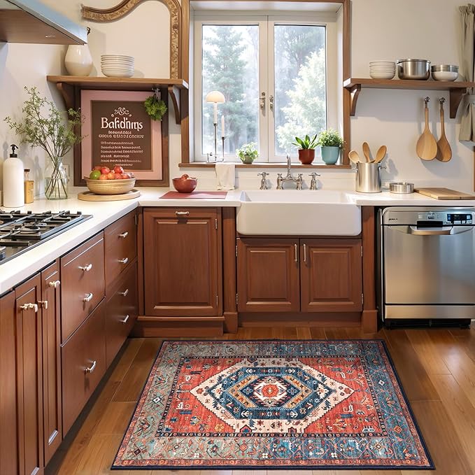SERISSA Boho Rugs for Entryway, 2x3 Rust Entryway Rug Non-Slip Washable Small Area Rug, Ultra Soft Oriental Vintage Low-Pile Indoor Door Mat Floor Carpet for Entrance Bedroom Kitchen Bathroom