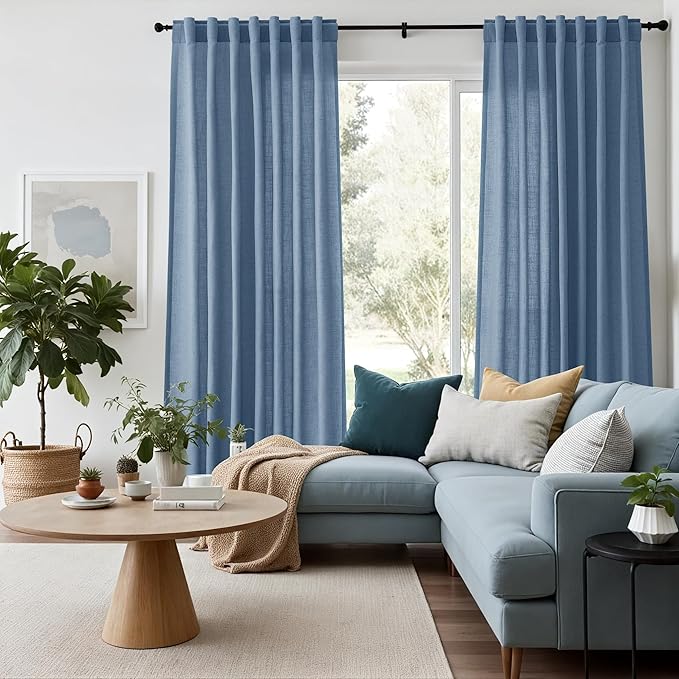 Nanspring Stone Blue Linen Curtains 96 Inches Long for Bedroom Back Tab Modern Simplicity Farmhouse Coastal Decor Light Filtering Curtain for Living Room Dinning Room 52x96 8 FT,2 Panels