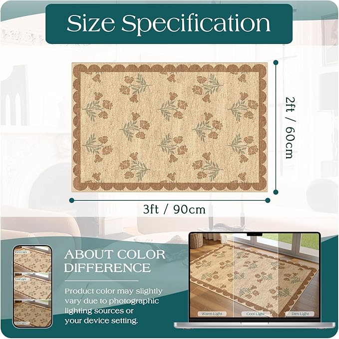 Front Door Mat Outside Entrance - 2x3 Floral Non-Slip Washable Doormat Indoor Outdoor Mat Jute-Look Farmhouse Tan Scalloped Entry Rug Small Throw Rugs for Entryway Kitchen Front Porch Decor