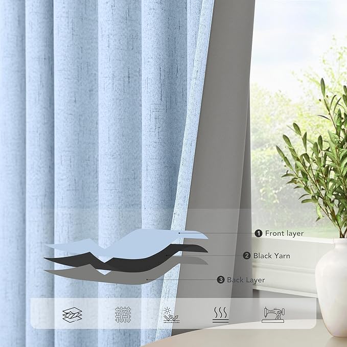 Light Blue Black Out Curtains 96 Inches Long for Living Room 100% Blackout Linen Textured Thermal Window Treatments Grand Millenial Curtain Drapes for Bedroom Modern Farmhouse Decor 96 Length 2 Panels