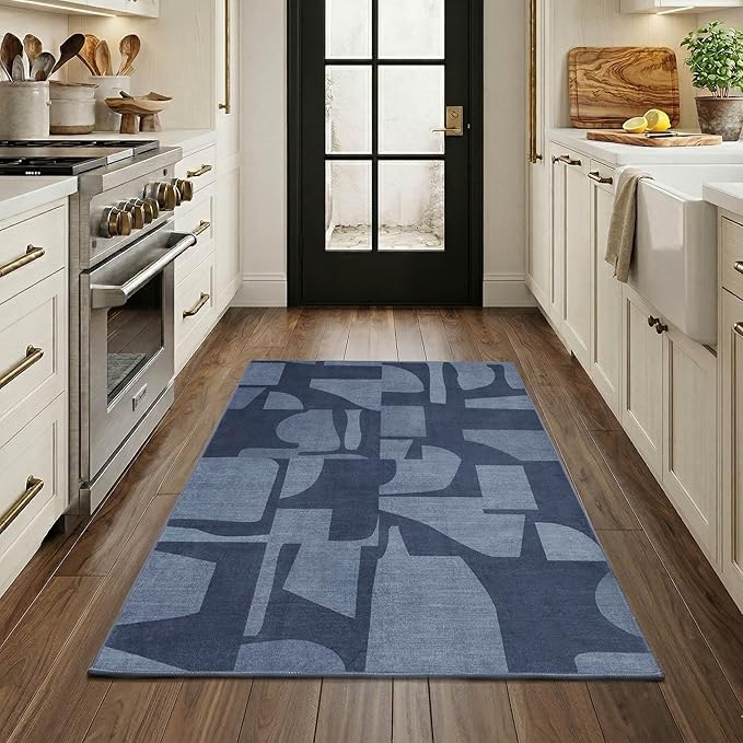 Latte&Fog 3x5 Entryway Rug Indoor, Modern Abstract Washable Area Rug, Boho Non Slip Low Pile Throw Carpet for Indoor Bedroom Bedside, Kitchen, Entry and Living Room - Navy Blue