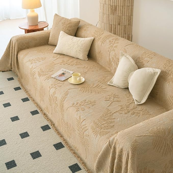 HANDONTIME Washable Couch Covers for Sofa Boho Couch Covers for 3 Cushion Sofa Pet Friendly Camel Chenille Jacquard Couch Protector for Dogs Plant Branch Sectional Cover Sofa Slipcovers, 71" X 118"