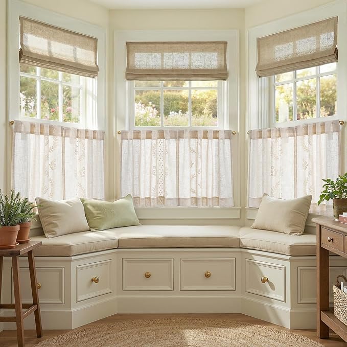 jinchan Belrose Linen Floral Kitchen Curtains 24 inch Length Embroidered Farmhouse Cafe Curtains for Living Room Bathroom Small Windows Curtain Set Sheer Light Filtering 2 Panels Ivory