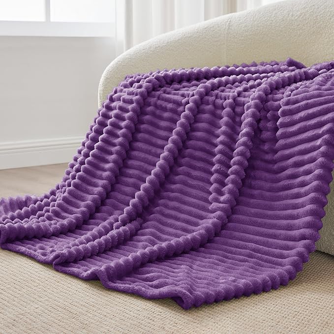 BEDELITE Fleece Throw Blanket for Couch - 300GSM Soft & Warm Fluffy Purple Blanket, Decorative and Giftable Striped Blankets for Women, Men, 50"x60"