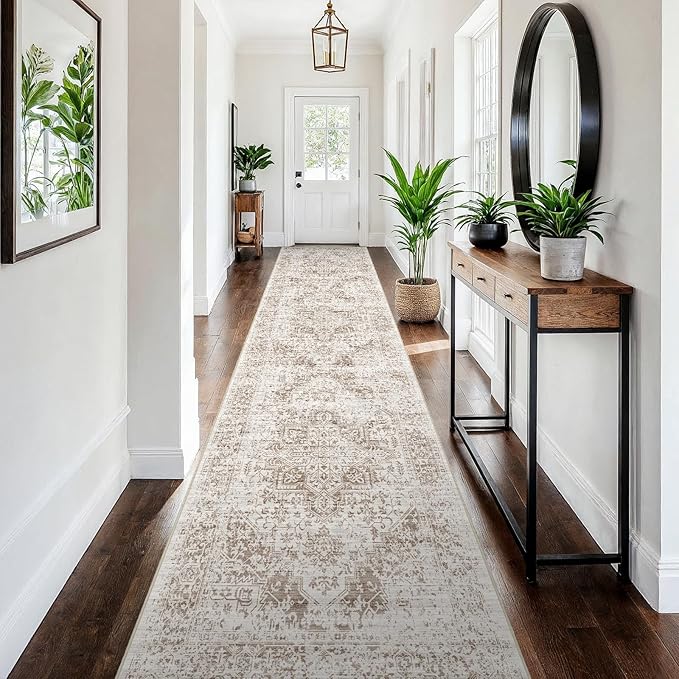 3x15 Washable Hallway Runner Rug - Vintage Kitchen Runners Low Pile Carpet Soft Thin Floor Runner with Rubber Backing for Entryway Living Room Home Decor (Cream/Camel)