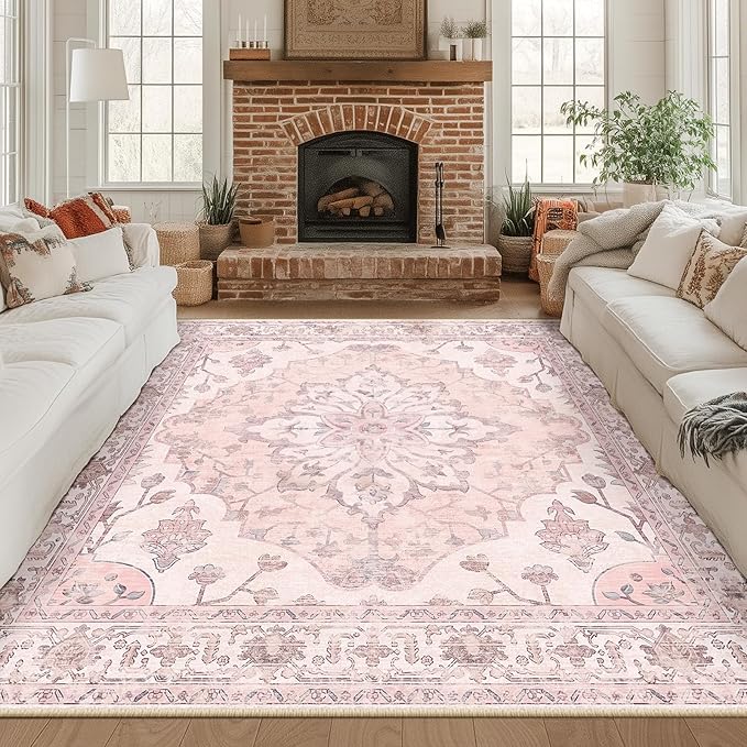 Area Rugs Square 8ft Washable Non-Slip, Floral Vintage Distress Print Pattern Medallion Carpet for Living Room Bedroom Dining Room, Pink Greypink Cute