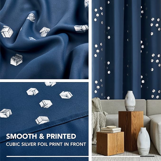 Deconovo Designer Series Silver Print Cubic Print Blackout Curtains for Living Room Bedroom, Thermal Insulated Soundproof Window Drapes, Grommet Top, Navy Blue, 52W x 84L Inch, 2 Panels