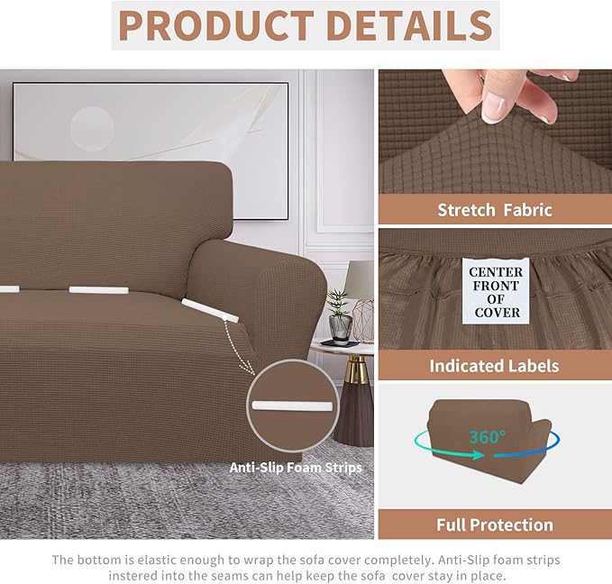 Easy-Going 100% Waterproof Loveseat Couch Cover, Dual Waterproof Sofa Cover, Stretch Jacquard Sofa Slipcover, Leakproof Furniture Protector for Kids, Pets, Dog and Cat (Loveseat, Brown)