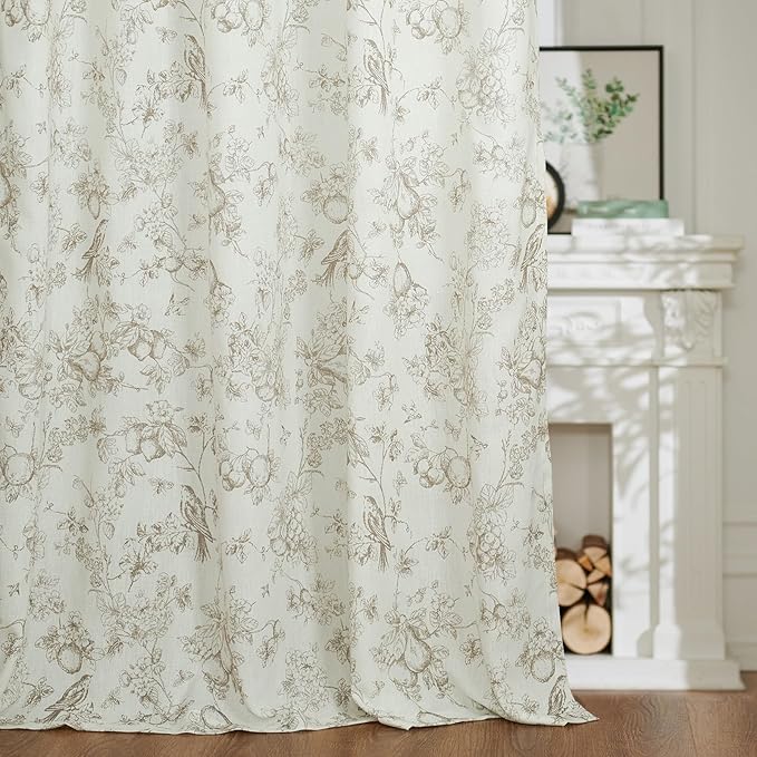 jinchan Linen Floral Curtains for Living Room 96 Inch Length Taupe Printed Flower French Country Curtain Farmhouse Cottage Core Toile Curtains Back Tab Light Filtering Window Drapes Set 2 Panels