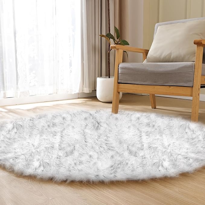 ORINOVA White and Grey Shaggy Round Rugs 6.6ft Large Circle Washable Faux Sheepskin Furry Fur Rugs for Bedroom Living Room Nursery Rug Home Décor