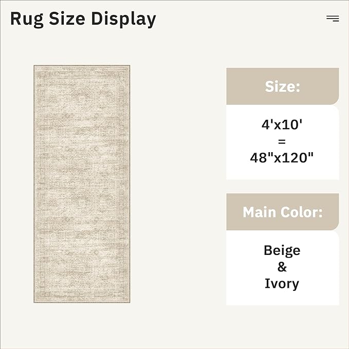 4x10 Wide Hallway Runner Rug: Washable Soft Rug Runners for Living Room Bedroom Ktichen, Stain Resistant Low Pile Area Rugs Non Slip Floor Carpet (Beige, 4x10)