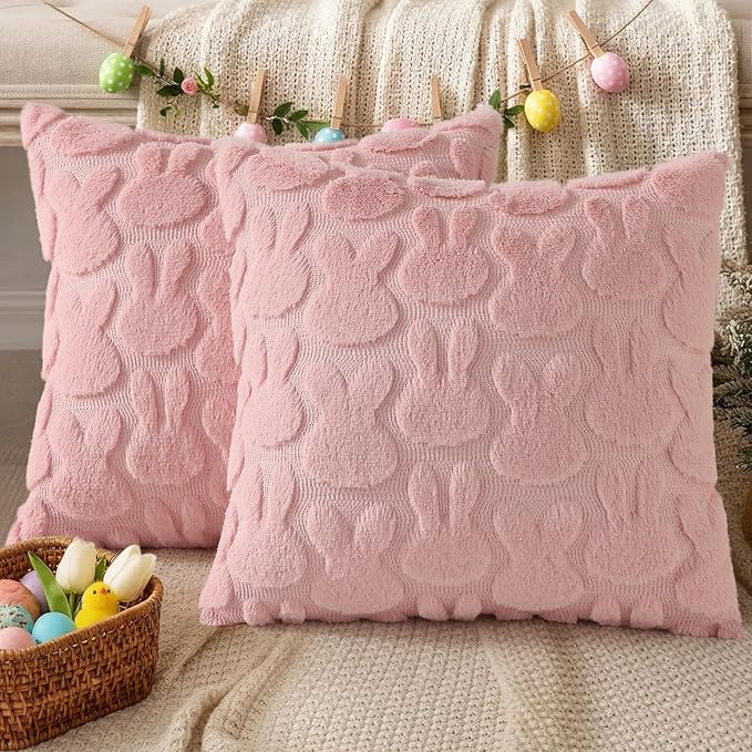 decorUhome Easter Bunny Pillow Covers 16x16 Inch Set of 2, Soft Plush Faux Wool Jacquard Pink Rabbit Cushion Covers, Farmhouse Neutral Spring Easter Holiday Decor for Couch Sofa Bed