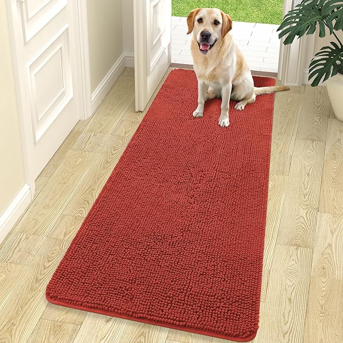 OLANLY Dog Door Mat for Muddy Paws 70x24, Absorbs Moisture and Dirt, Absorbent Non-Slip Washable Doormat, Quick Dry Chenille Mud Mat for Dogs, Entry Indoor Entryway Carpet for Inside Floor, Maple Red