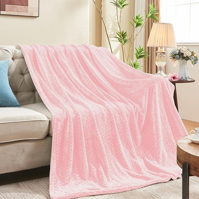 inhand Pink Fleece Twin Blanket, Super Soft Flannel Cozy Blankets for Adults, Lightweight Leaves Pattern Fuzzy Blanket for Couch Sofa Bed Office, Warm Plush Blankets for All Season, 60x90 Inches