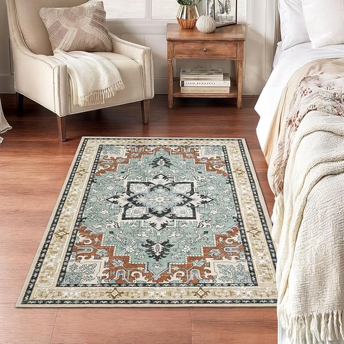 Lofus 3x5 Area Rugs for Living Room, Machine Washable Area Rug, Soft Small Rugs for Bedroom, Kitchen, Office and Indoor, Vintage Boho Carpet, Non-Slip Low Pile Carpets, Beige Orange