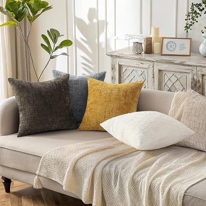 decorUhome Summer Mustard Yellow Chenille Throw Pillow Covers 18x18 Set of 2 Textured Soft Cozy Slubby Couch Pillow Covers Modern Farmhouse Boho Decorative Pillow Cases for Bed Sofa Living Room