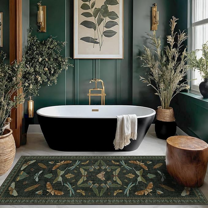 Hazo Haus Washable Insect 2x6 Runner Rug for Hallway- Stain Resistant Kitchen Runners, Floral Whimsical Indoor Floor Mat for Bathroom, Soft Non Slip with Rubber Backed, Dark Green