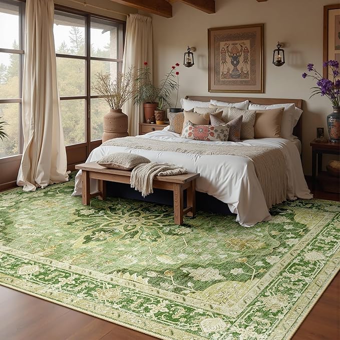 Area Rugs 10'x12' Washable Non-Slip, Floral Vintage Distress Print Pattern Medallion Carpet for Living Room Bedroom Dining Room, Sage Green Yellow