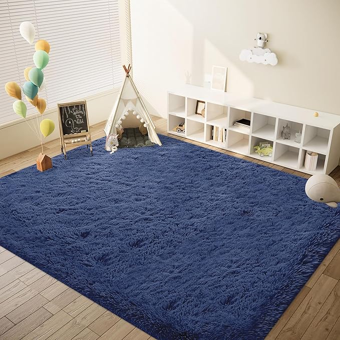 8x10 Area Rugs for Living Room: Fluffy Shag Soft Washable Rug Large Fuzzy Plush Indoor Carpet for Bedroom Nursery Playroom Kids Girls Boys Room (Navy Blue, 8'x10')