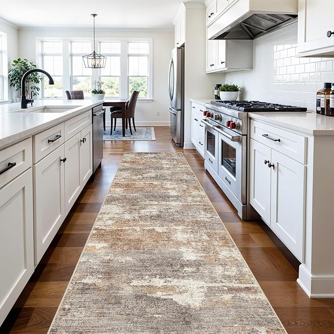3x10 Washable Kitchen Runner Rug: Modern Abstract Runners for Hallway Soft Non Slip Rugs with Rubber Backing Low Pile Thin Floor Carpet for Entryway Bedroom Bathroom Bedside Indoor(Brown/Brick,3x10)
