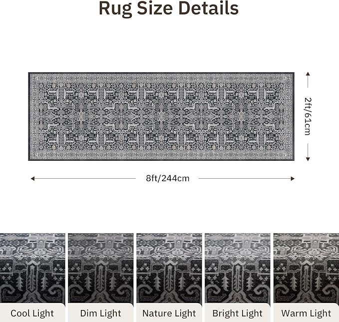 Washable 2x8 Runner Rug - Non Slip Vintage Kitchen Runner Rugs Low-Pile Distressed Long Rugs for Hallway Waterproof Indoor Carpet for Living Room Bedroom Entryway 2x8 Black