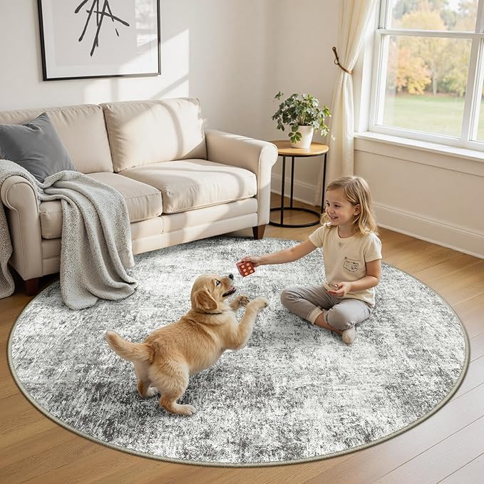 Washable Area Rugs 6ft Non-Slip Modern Abstract Soft for Living Room Entryway Bedroom Nursery, Print Pattern, Gray White Grey