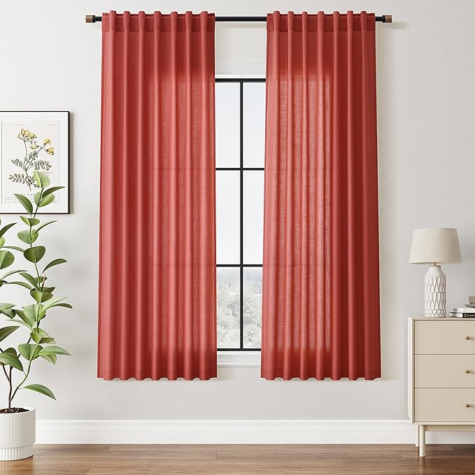 Christmas Red Linen Curtains 63 Inch Length for Living Room Light Filtering Semi Sheer Curtain Back Tab and Rod Pocket Vintage Rustic Luxury Home Decor Neutral Drapes for Bedroom 52x63, 2 Panels