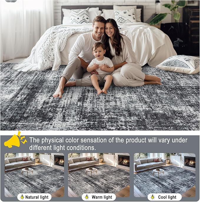 6x9 Area Rugs for Living Room - Washable Rug Modern Abstract Soft Large Neutral Non-Slip Carpet Indoor Floor Thin Carpets for Bedroom Dining Room Farmhouse Nursery Home Office Dark Black