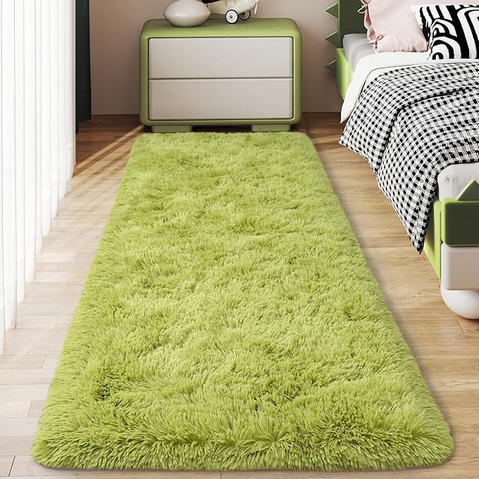 Soft Runner Rugs for Bedroom Hallways, 2x6 Grass Green Fluffy Shag Throw Area Rug Non Slip for Bedside Dorm, Long Shaggy Furry Carpet for Nursery Living Room