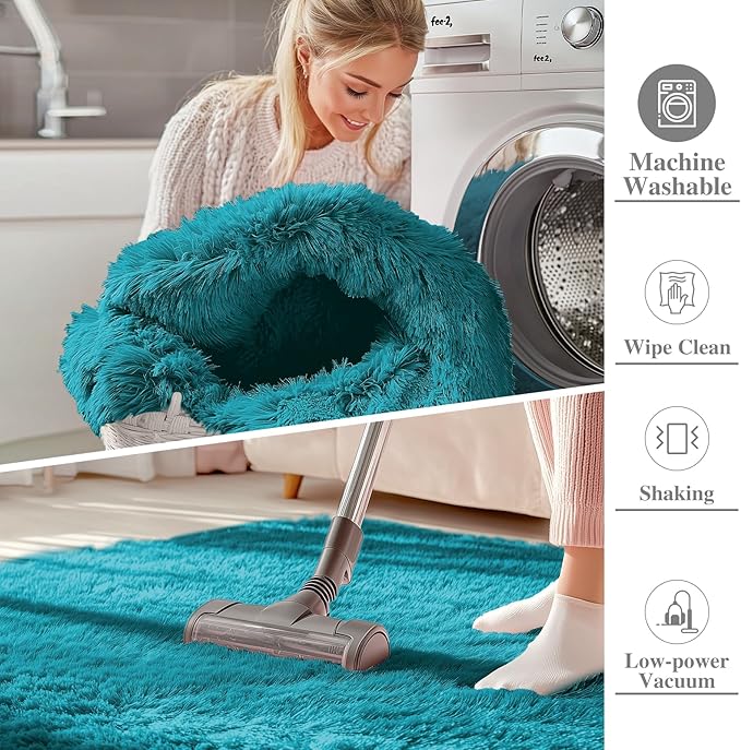 OLANLY 8x10 Machine Washable Large Area Rugs for Living Room, Bedroom, Soft Fluffy Shaggy Bedside Rug, Indoor Floor Carpet for Kids Girls and Boys, Dorms, Nursery, Home Decor Aesthetic, Teal